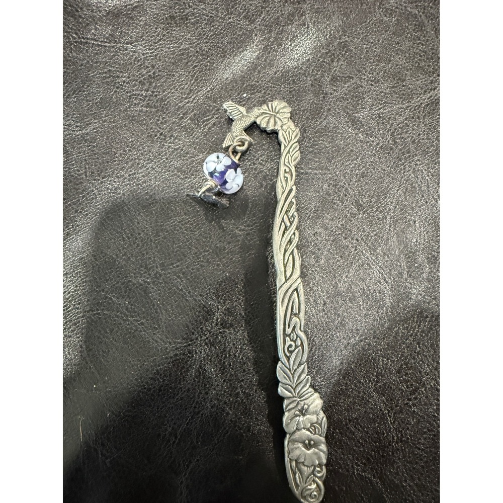 Ornate Metal Bookmark Hummingbird Flower Charm Blue Bead Reading Gift